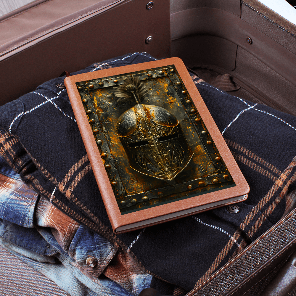 Knight Helmet Vegan Leather Journal – Medieval Fantasy RPG Engraved Look Notebook