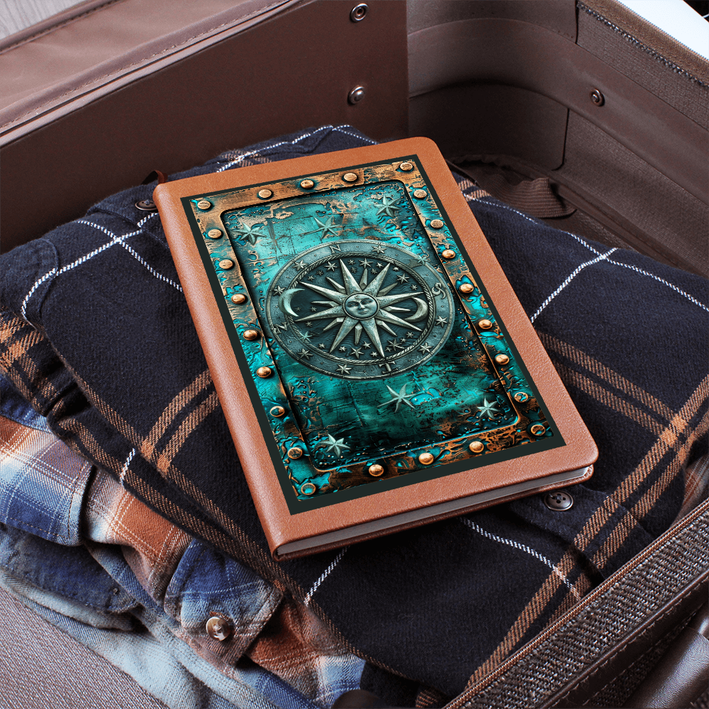 Celestial Compass Vegan Leather Journal – Arcane Fantasy RPG Engraved Look Notebook