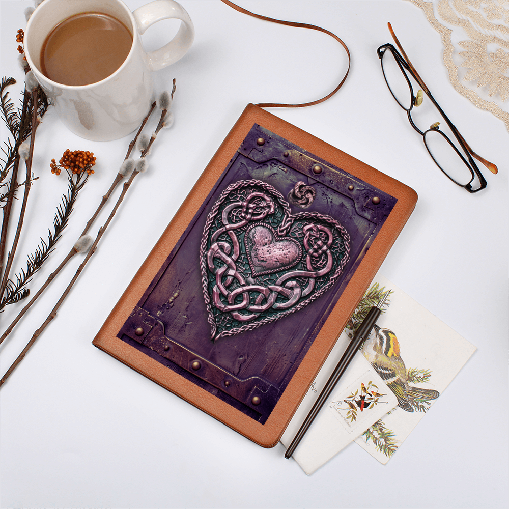 Celtic Heart Knotwork Vegan Leather Journal – Fantasy Medieval Engraved Look Notebook