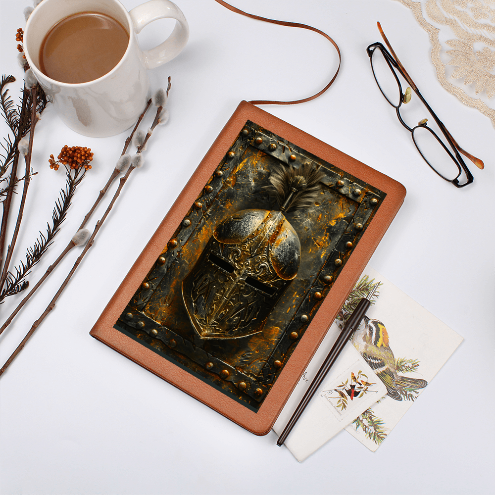 Knight Helmet Vegan Leather Journal – Medieval Fantasy RPG Engraved Look Notebook