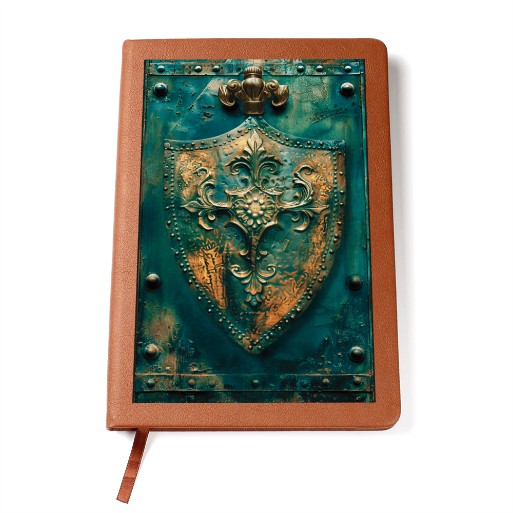 Shield Emblem Vegan Leather Journal – Medieval Fantasy RPG Notebook with Engraved Look