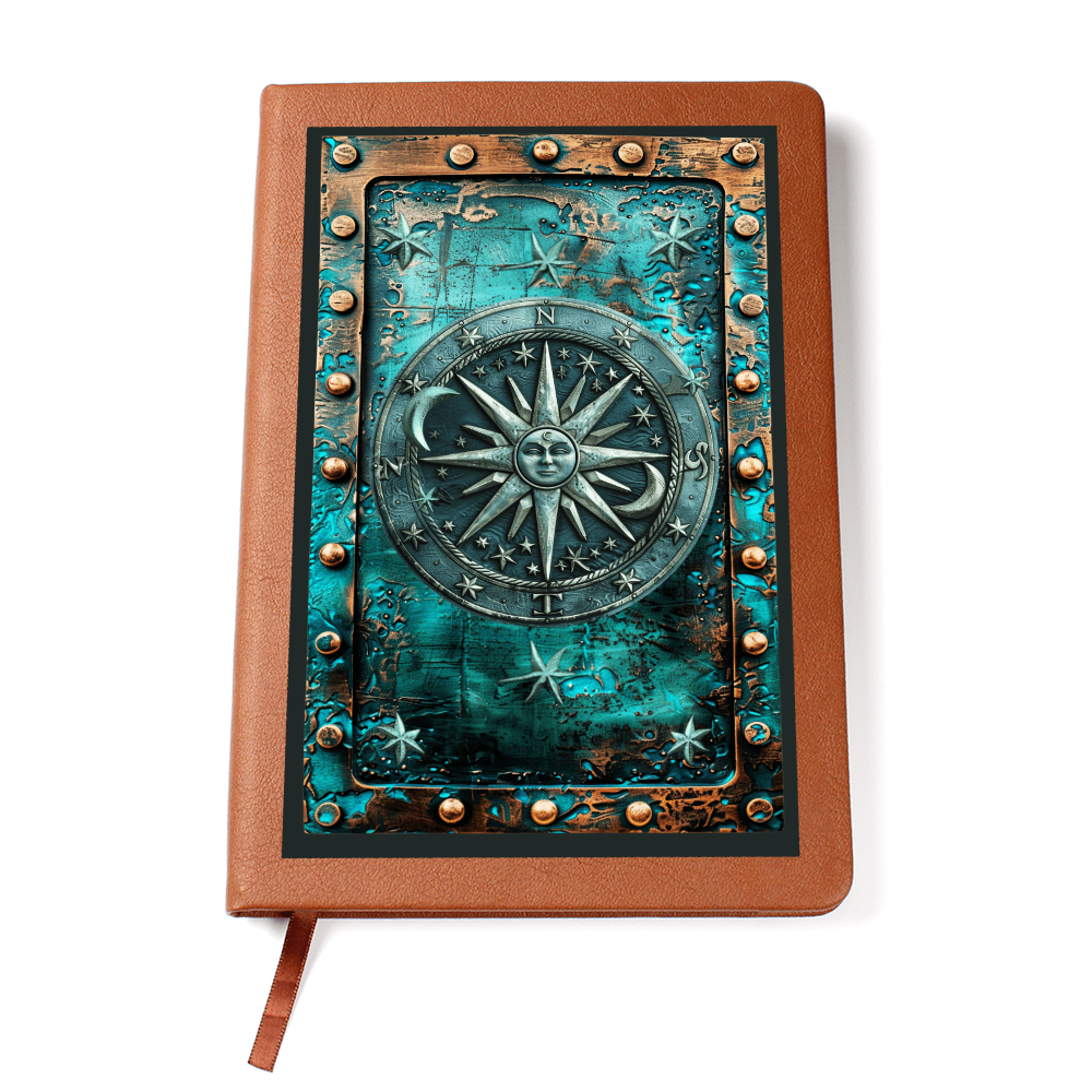 Celestial Compass Vegan Leather Journal – Arcane Fantasy RPG Engraved Look Notebook