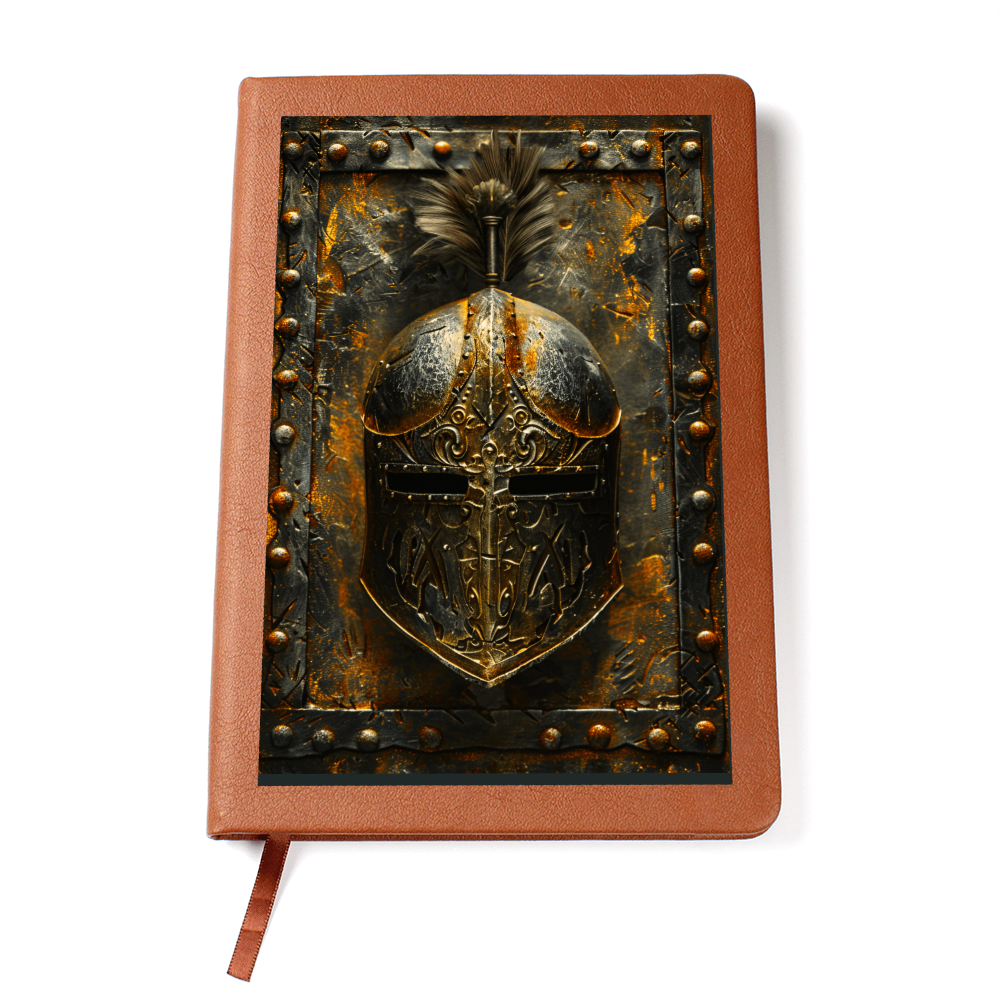 Knight Helmet Vegan Leather Journal – Medieval Fantasy RPG Engraved Look Notebook