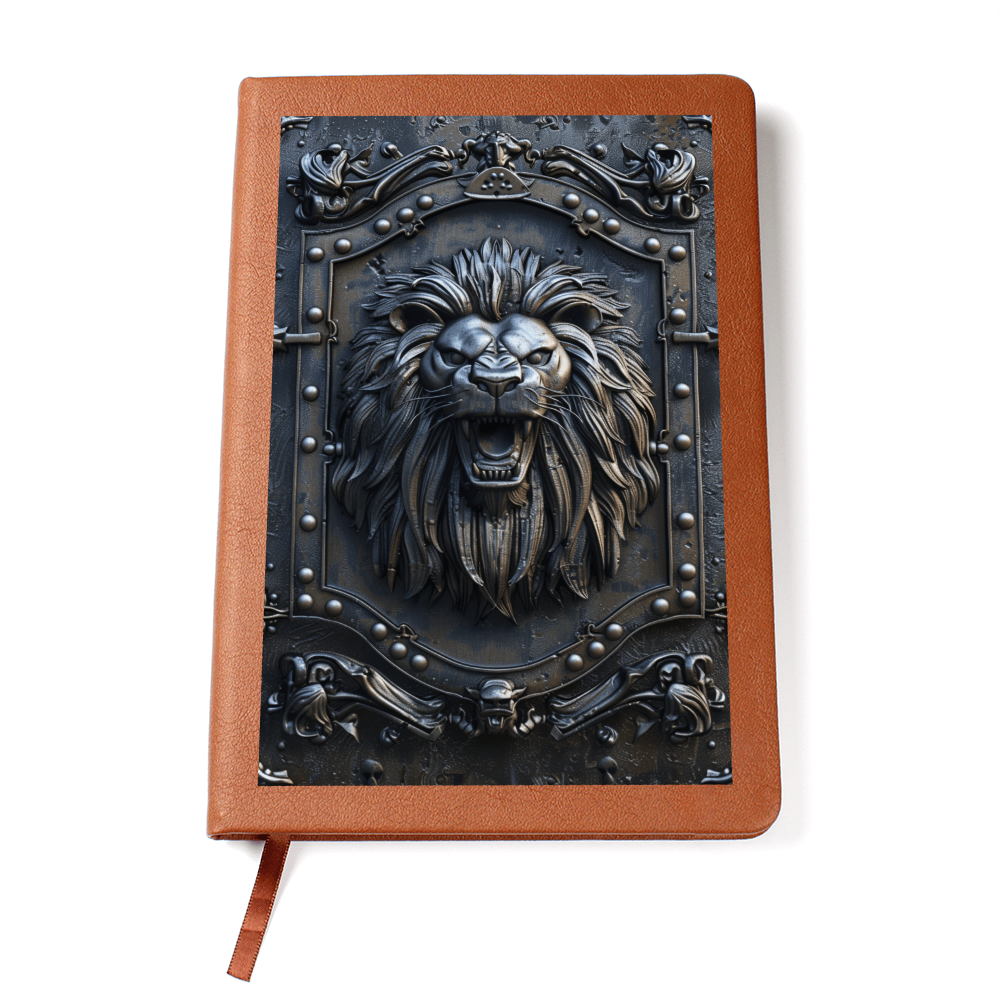Roaring Lion Vegan Leather Journal – Embossed-Looking Medieval Notebook, Regal Lion Head Diary, Gothic Warrior Planner, Mythical Leatherboun