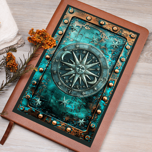 Celestial Compass Vegan Leather Journal – Arcane Fantasy RPG Engraved Look Notebook