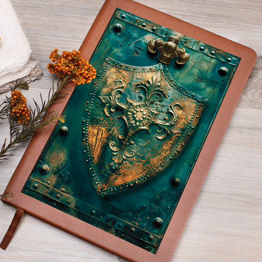 Shield Emblem Vegan Leather Journal – Medieval Fantasy RPG Notebook with Engraved Look