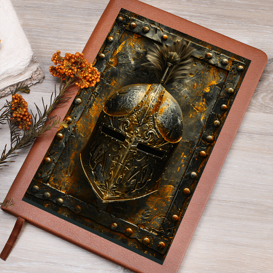 Knight Helmet Vegan Leather Journal – Medieval Fantasy RPG Engraved Look Notebook
