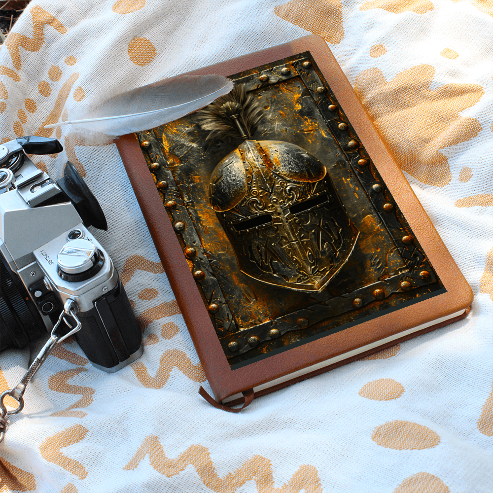 Knight Helmet Vegan Leather Journal – Medieval Fantasy RPG Engraved Look Notebook