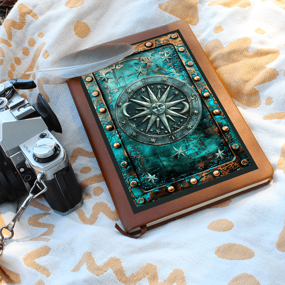 Celestial Compass Vegan Leather Journal – Arcane Fantasy RPG Engraved Look Notebook