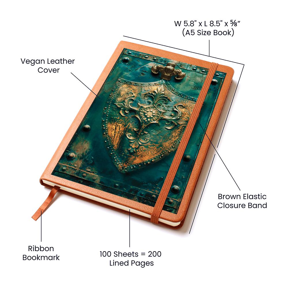 Shield Emblem Vegan Leather Journal – Medieval Fantasy RPG Notebook with Engraved Look
