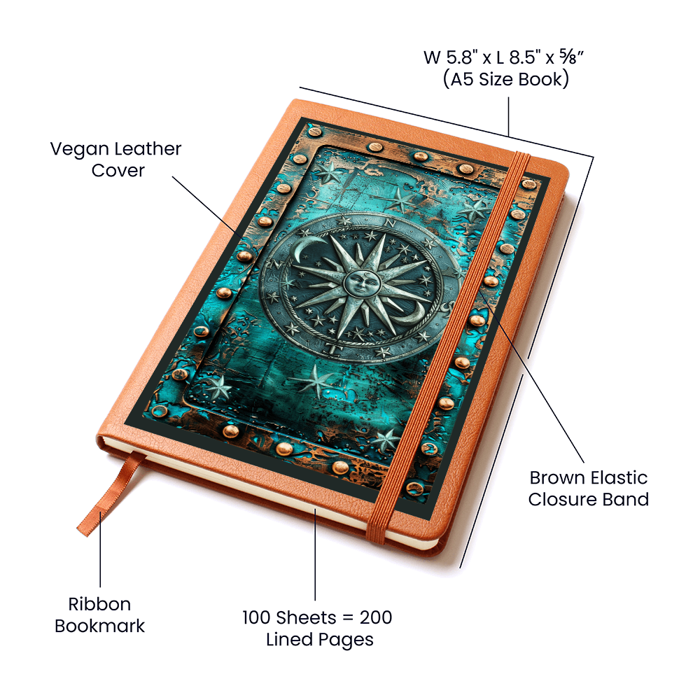 Celestial Compass Vegan Leather Journal – Arcane Fantasy RPG Engraved Look Notebook