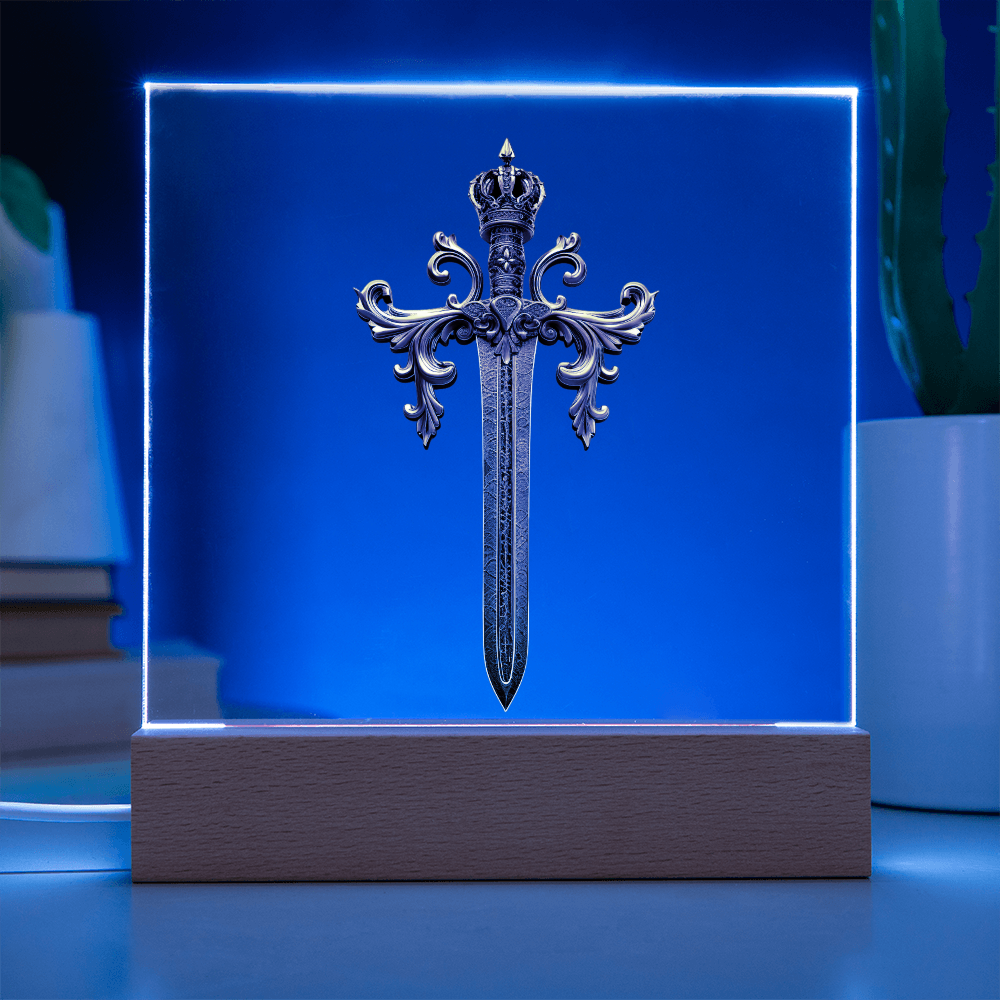 Armory Embossed Look Crowned Sword Plaque – Medieval Fantasy Light Panel