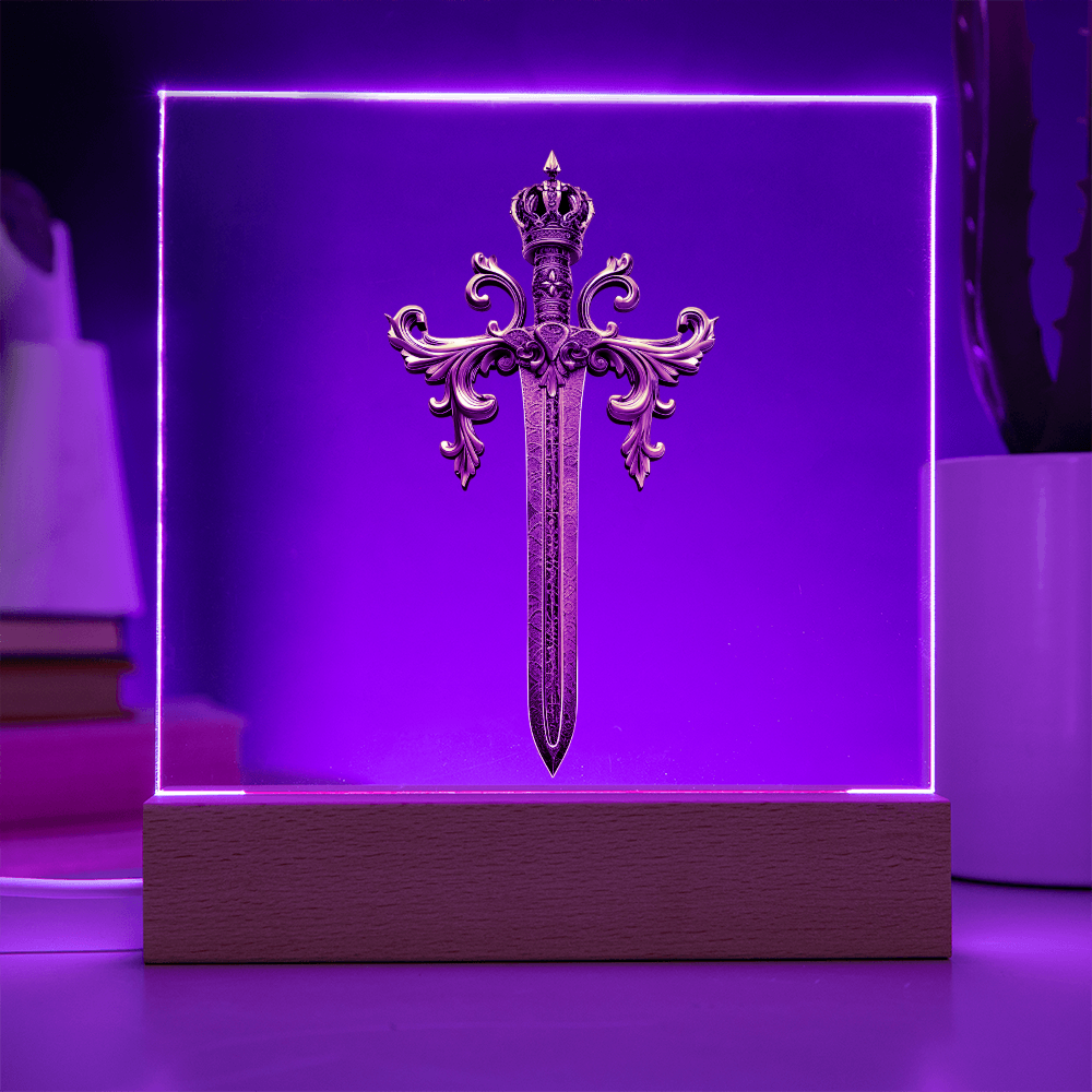 Armory Embossed Look Crowned Sword Plaque – Medieval Fantasy Light Panel