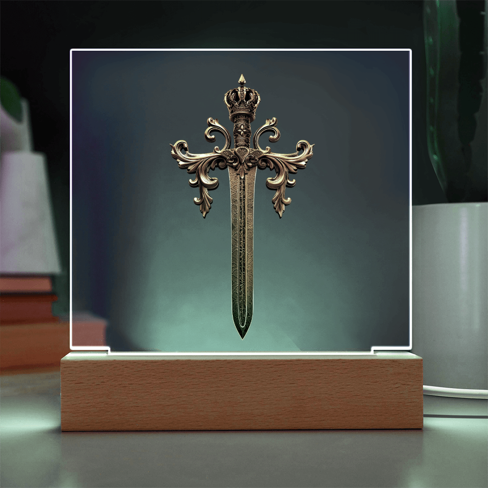 Armory Embossed Look Crowned Sword Plaque – Medieval Fantasy Light Panel
