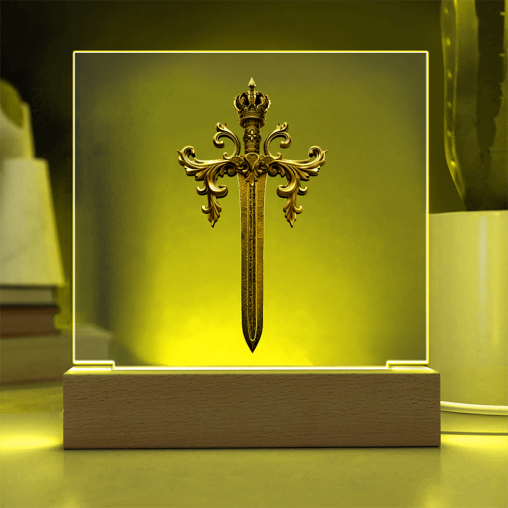 Armory Embossed Look Crowned Sword Plaque – Medieval Fantasy Light Panel