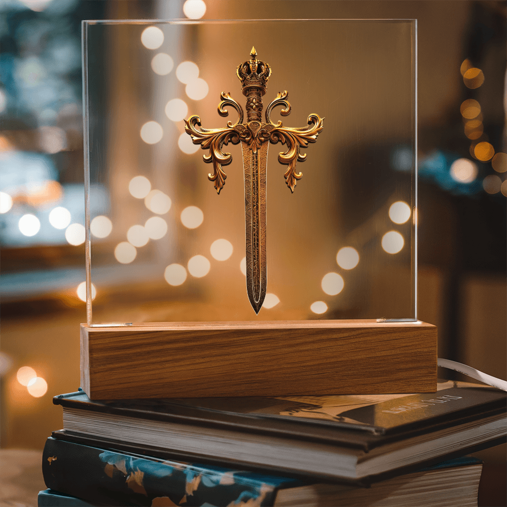 Armory Embossed Look Crowned Sword Plaque – Medieval Fantasy Light Panel