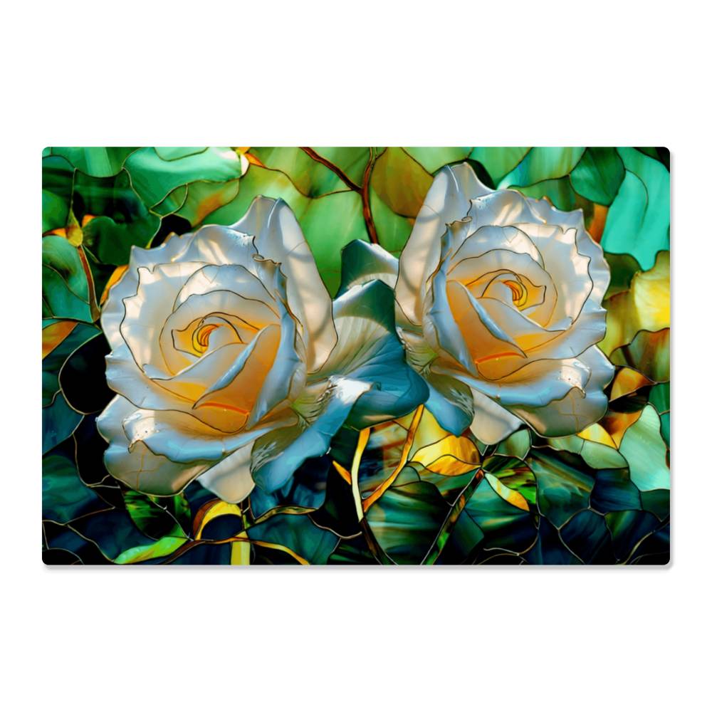 White Rose Metal Kitchen Backsplash Panel, Stained Glass Inspired Wall Art