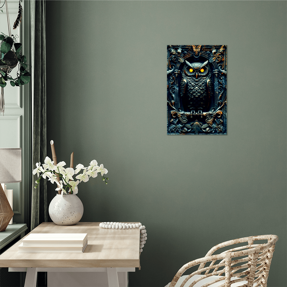 Noctyra | Owl Metal Wall Art – High Gloss Print with Ornate Gothic Frame (Not 3D Embossed)