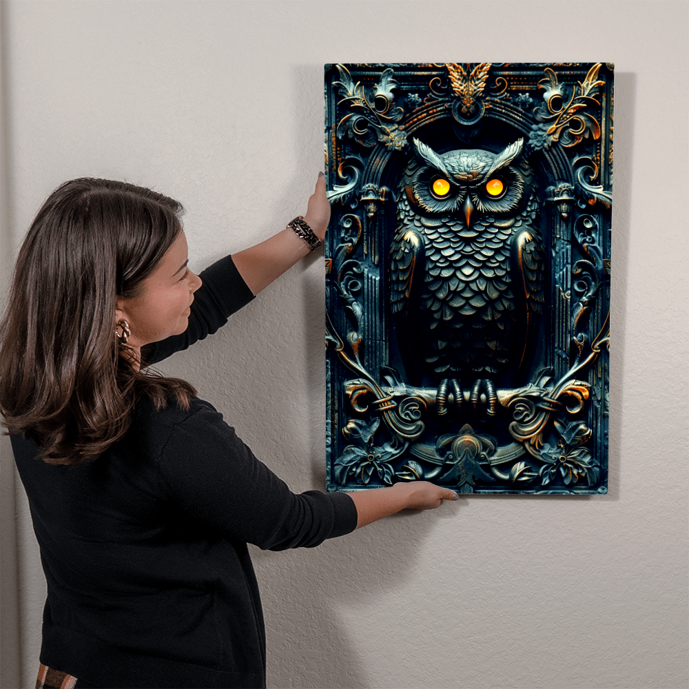 Noctyra | Owl Metal Wall Art – High Gloss Print with Ornate Gothic Frame (Not 3D Embossed)