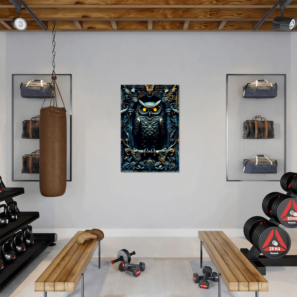 Noctyra | Owl Metal Wall Art – High Gloss Print with Ornate Gothic Frame (Not 3D Embossed)