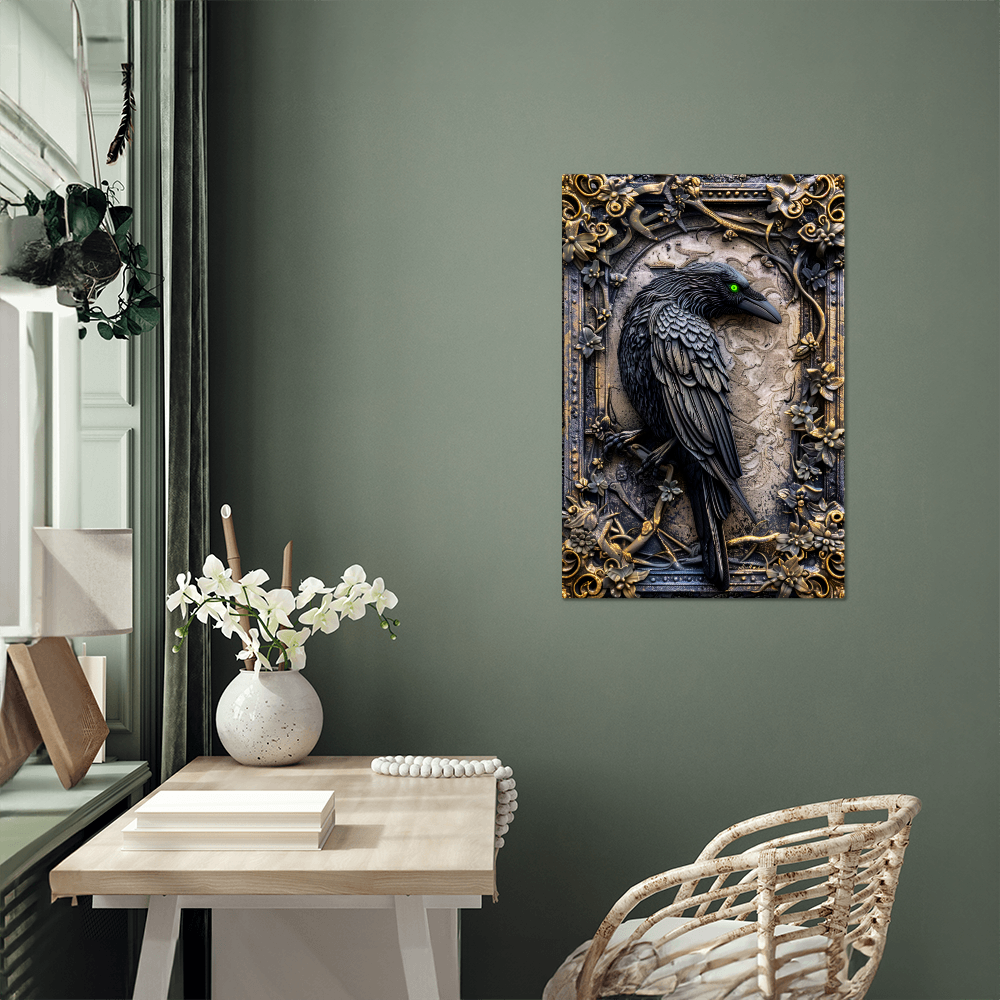 Corvex | Raven Metal Wall Art – High Gloss Print with Embossed-Style Detail (Not 3D)