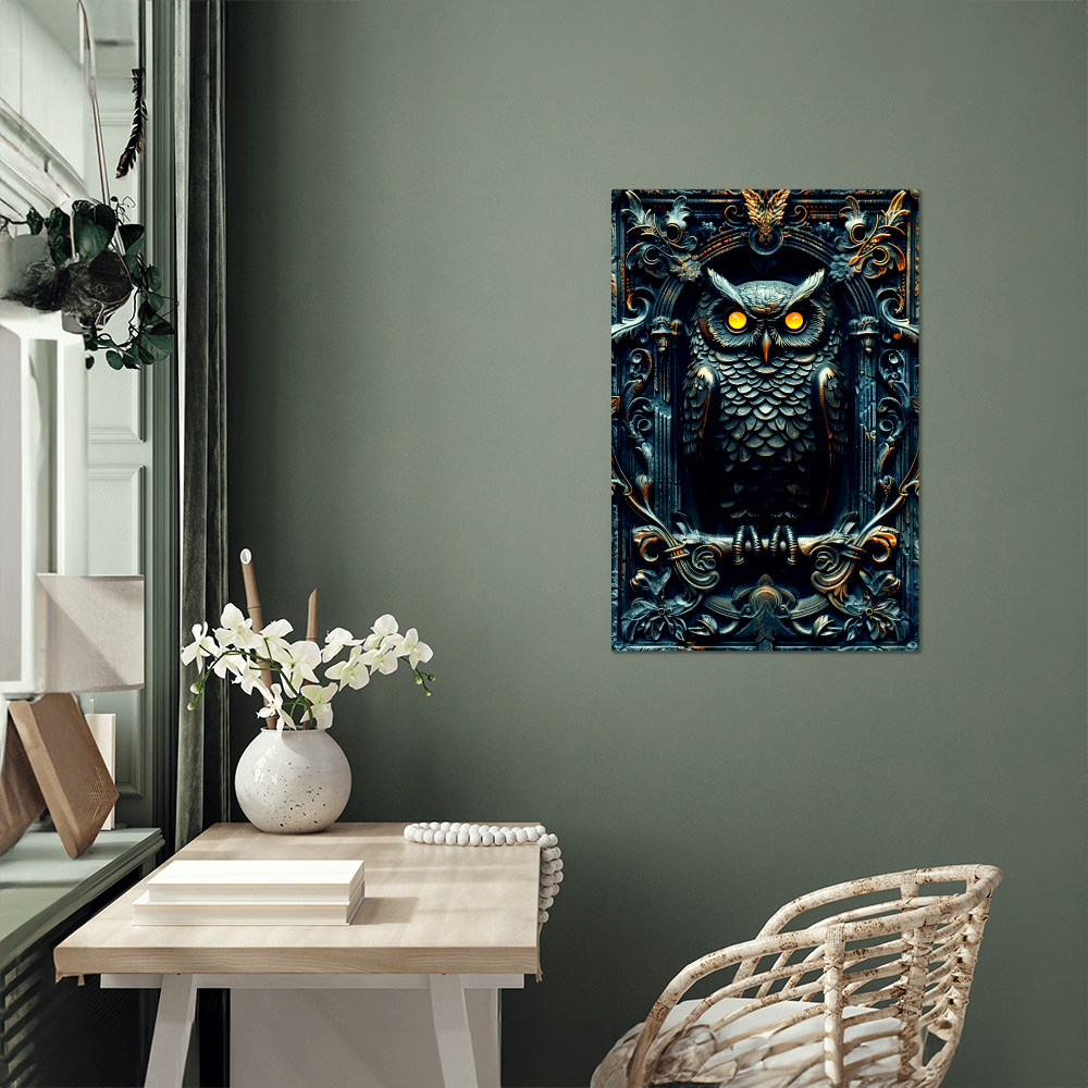 Noctyra | Owl Metal Wall Art – High Gloss Print with Ornate Gothic Frame (Not 3D Embossed)