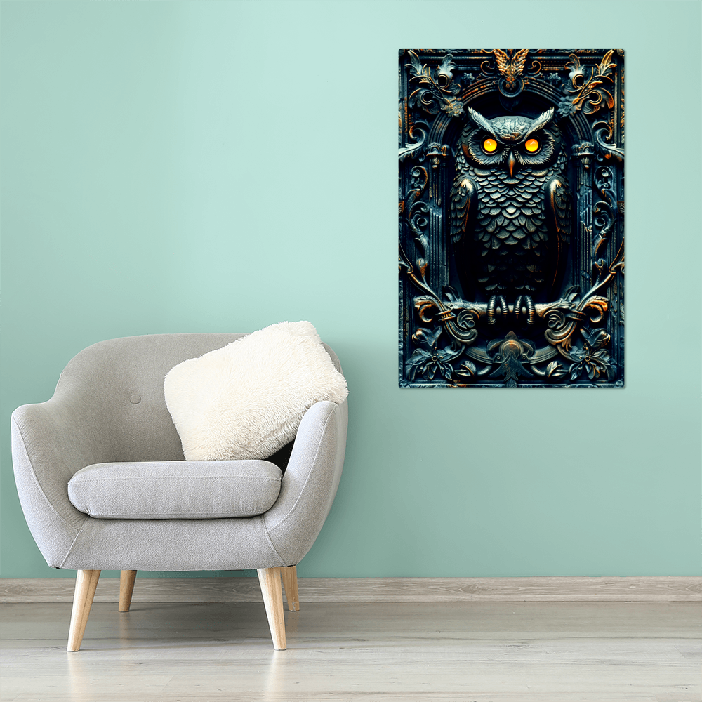 Noctyra | Owl Metal Wall Art – High Gloss Print with Ornate Gothic Frame (Not 3D Embossed)