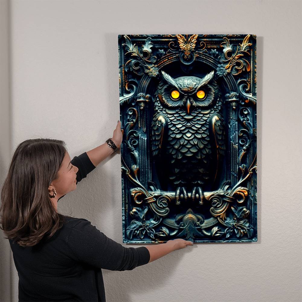 Noctyra | Owl Metal Wall Art – High Gloss Print with Ornate Gothic Frame (Not 3D Embossed)