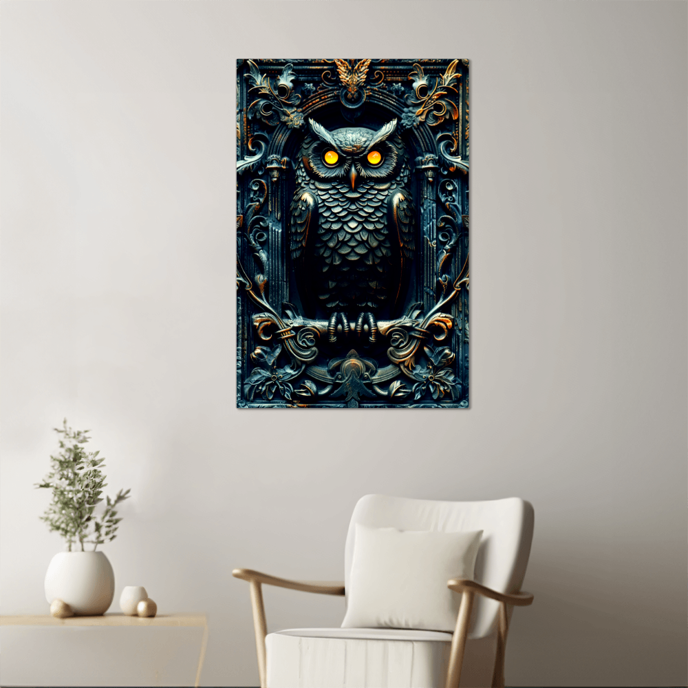 Noctyra | Owl Metal Wall Art – High Gloss Print with Ornate Gothic Frame (Not 3D Embossed)