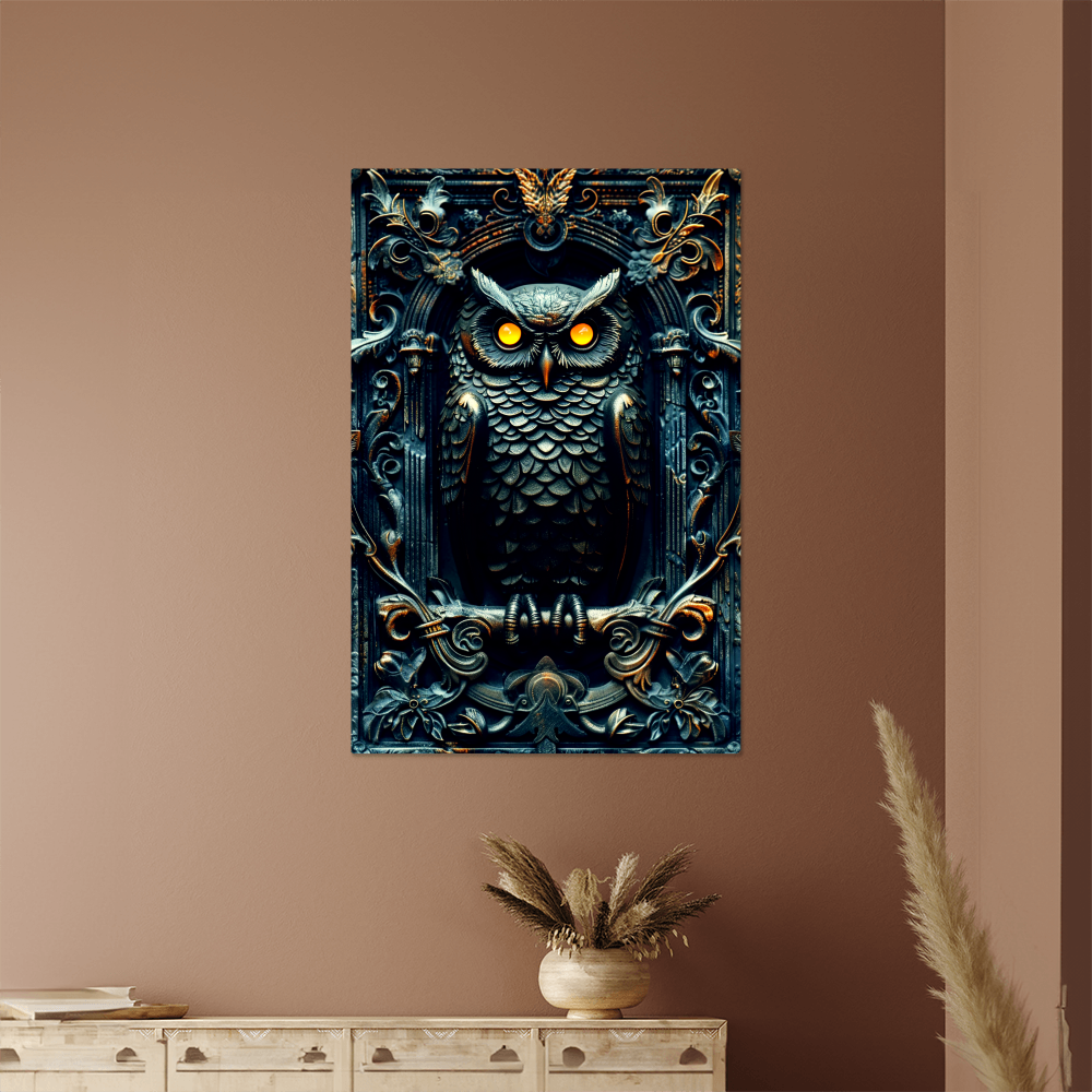 Noctyra | Owl Metal Wall Art – High Gloss Print with Ornate Gothic Frame (Not 3D Embossed)