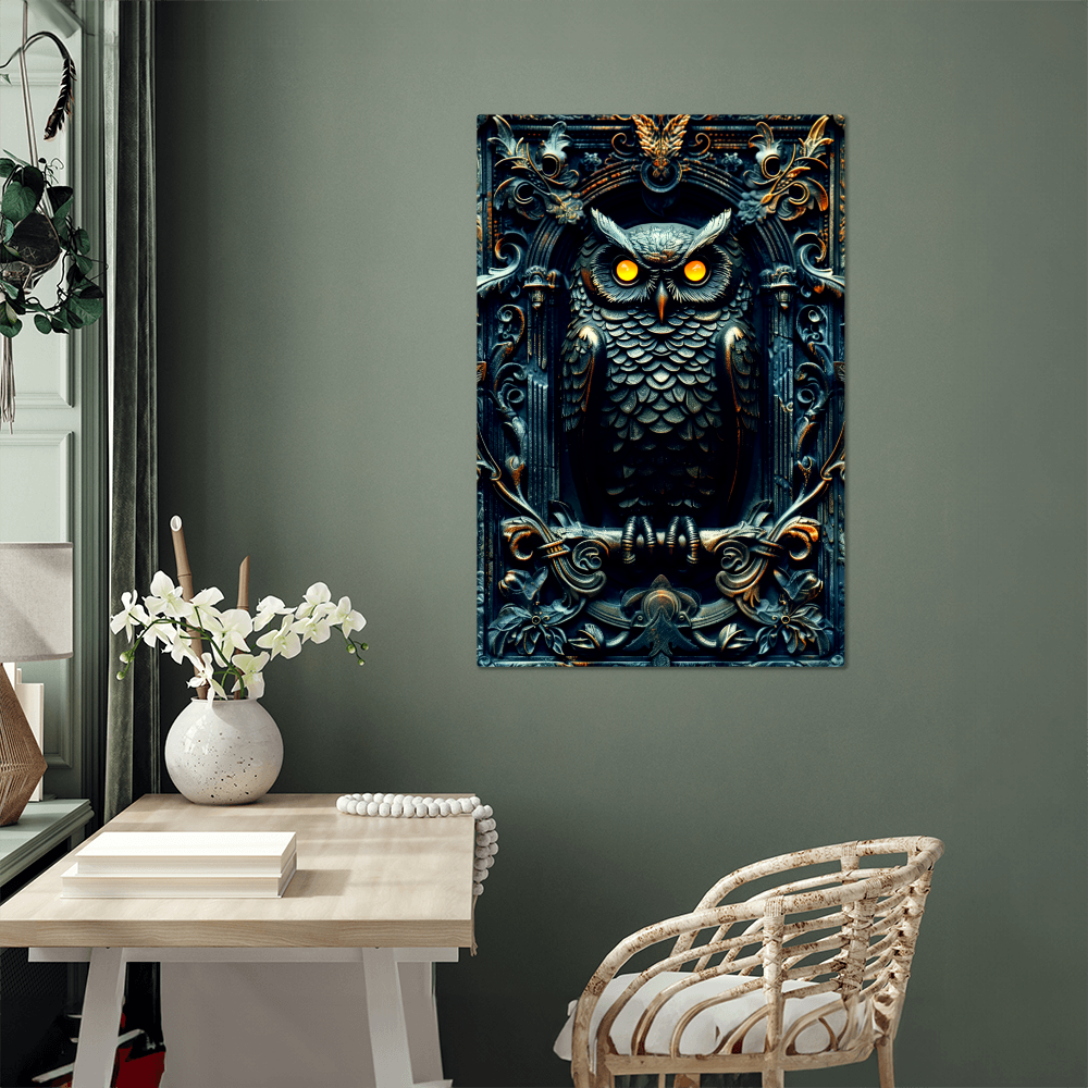 Noctyra | Owl Metal Wall Art – High Gloss Print with Ornate Gothic Frame (Not 3D Embossed)