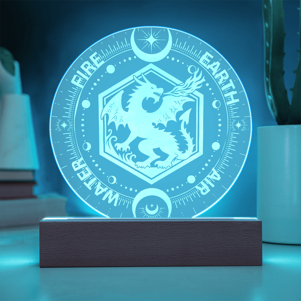 Elemental Dragon LED Night Light – FIRE EARTH WATER AIR Fantasy Decor | Mystical Dragon Acrylic Plaque Gift