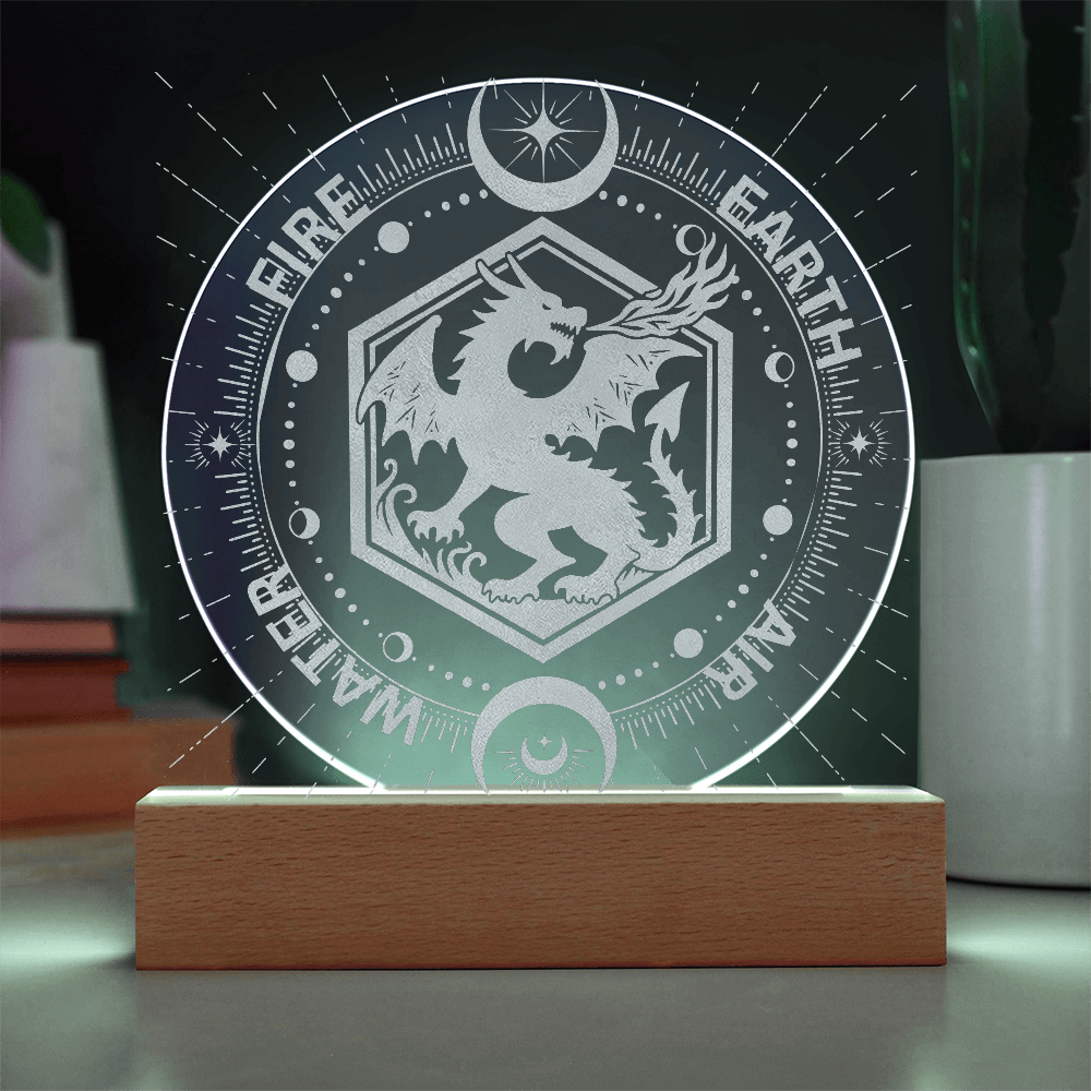 Elemental Dragon LED Night Light – FIRE EARTH WATER AIR Fantasy Decor | Mystical Dragon Acrylic Plaque Gift