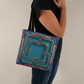 Layered-looking Boho Geometric Tote Bag – Teal & Gold Art Deco-Inspired Design