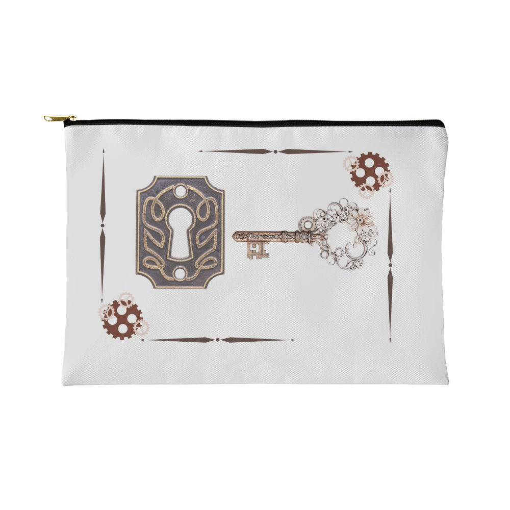 Industrial Boho Lock & Key Zippered Pouch – Victorian Clockwork Filigree Makeup Bag, Gothic Fantasy Gear & Lace Clutch, Small Travel Organizer
