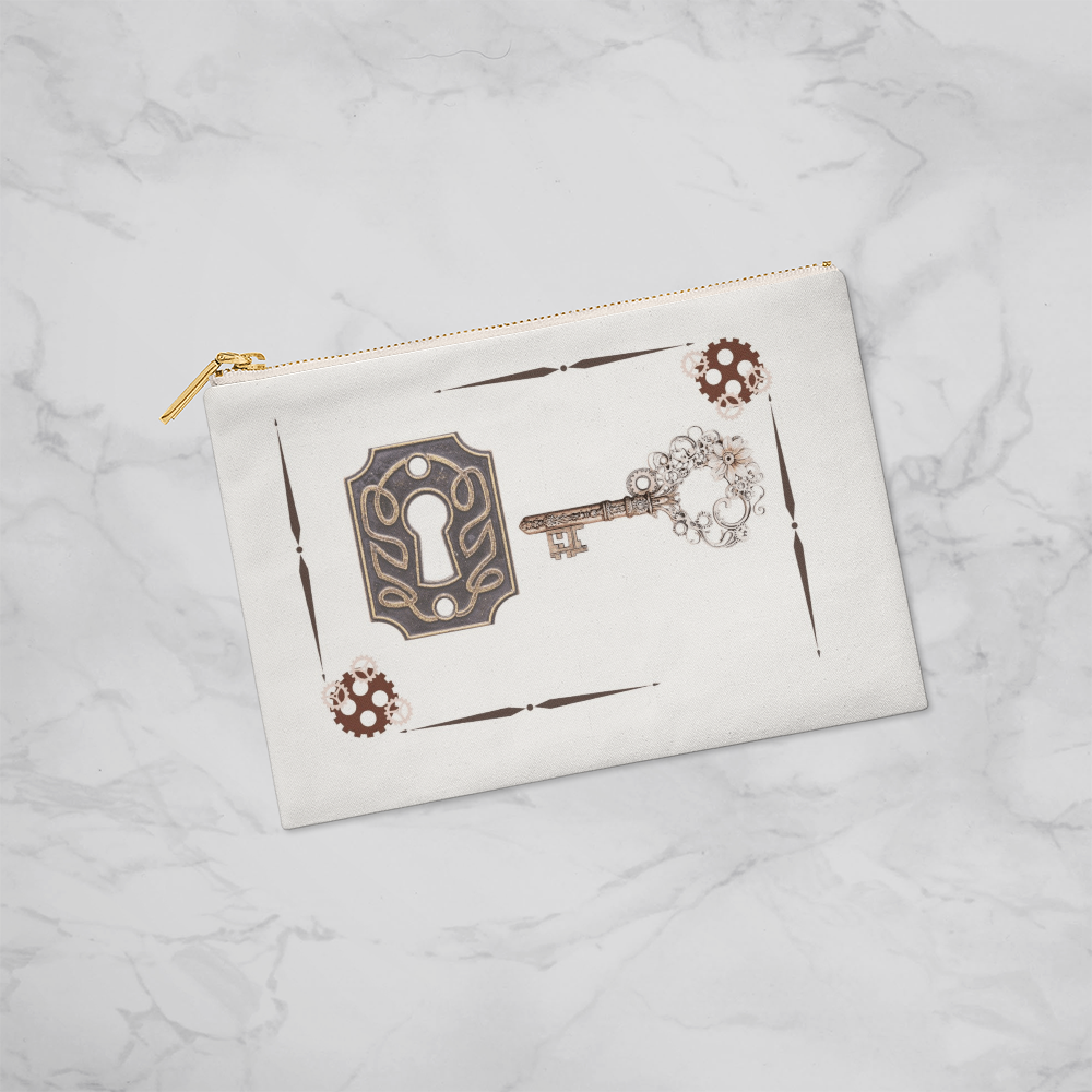 Industrial Boho Lock & Key Zippered Pouch – Victorian Clockwork Filigree Makeup Bag, Gothic Fantasy Gear & Lace Clutch, Small Travel Organizer