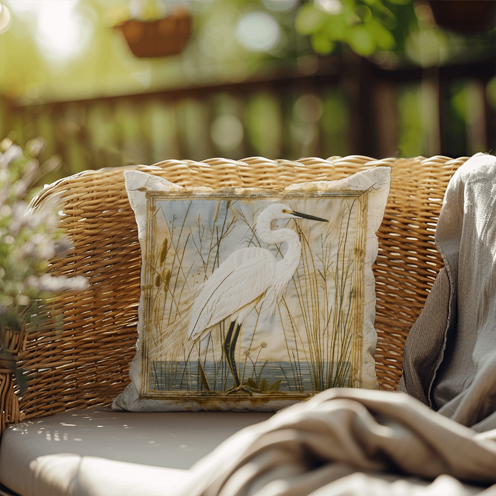 Outdoor Coastal Egret Pillow – Reversible Premium Throw Cushion for Patio, Porch & Lake House