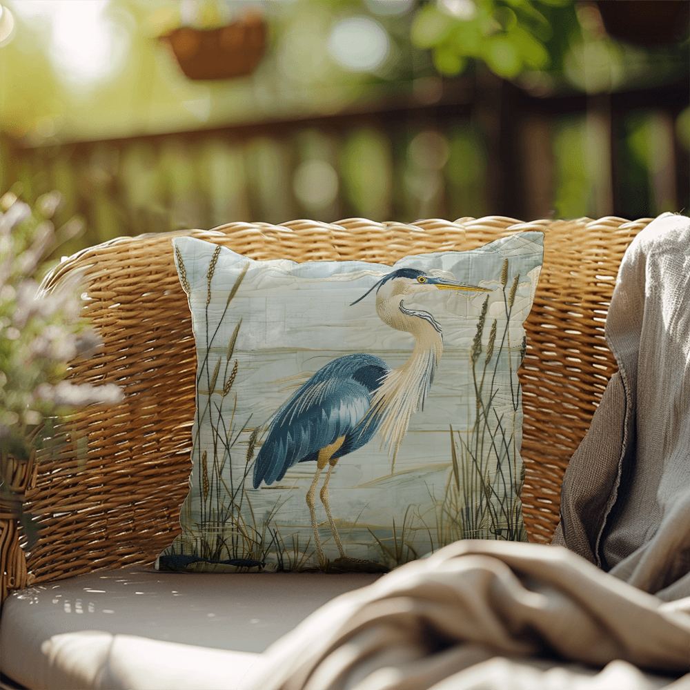 Outdoor Coastal Blue Heron Pillow – Reversible Premium Throw Cushion for Patio, Porch & Lake House