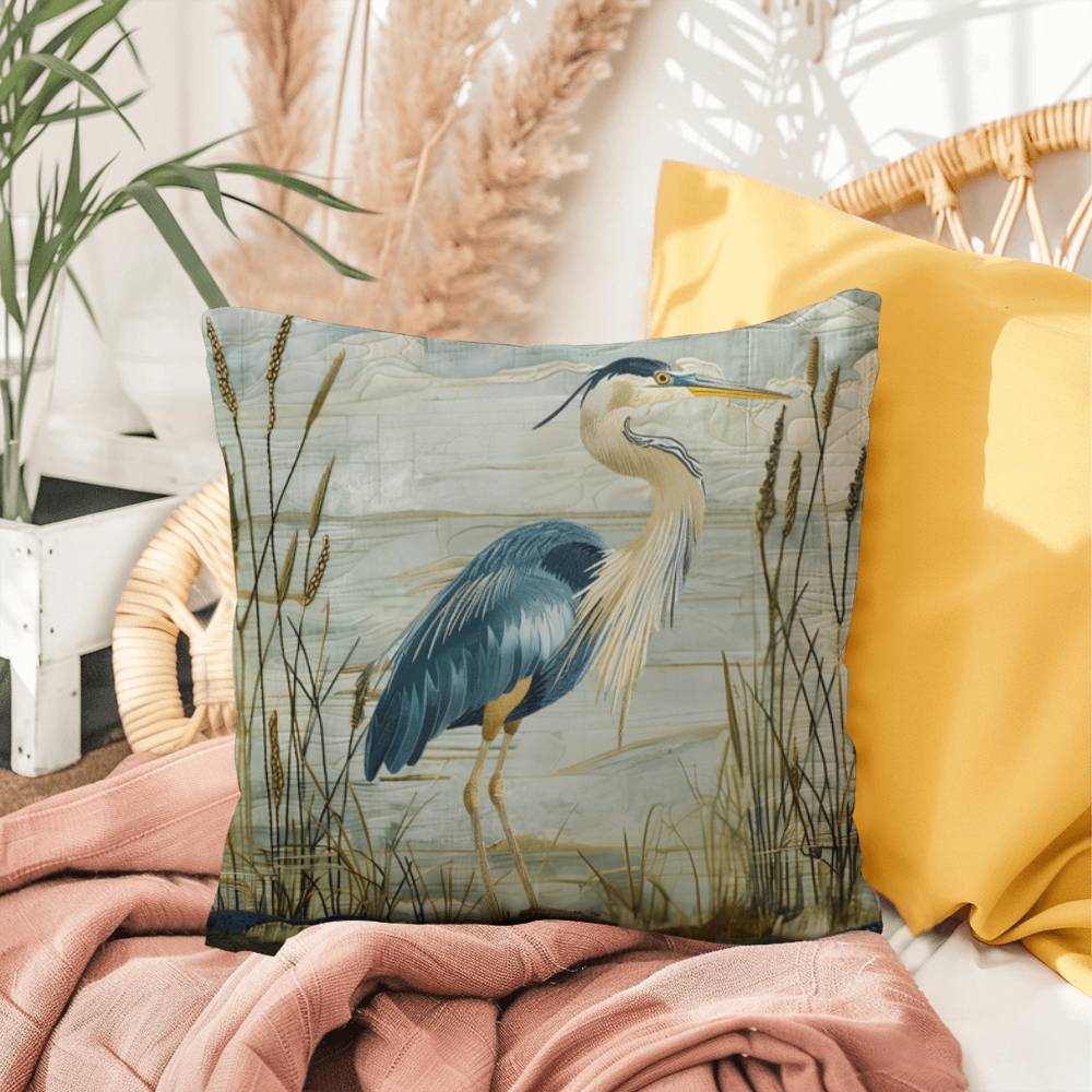 Outdoor Coastal Blue Heron Pillow – Reversible Premium Throw Cushion for Patio, Porch & Lake House