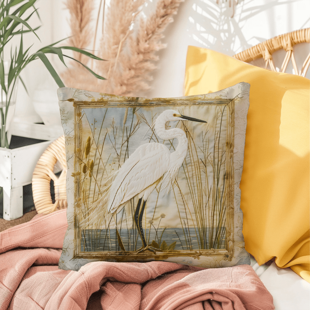 Outdoor Coastal Egret Pillow – Reversible Premium Throw Cushion for Patio, Porch & Lake House