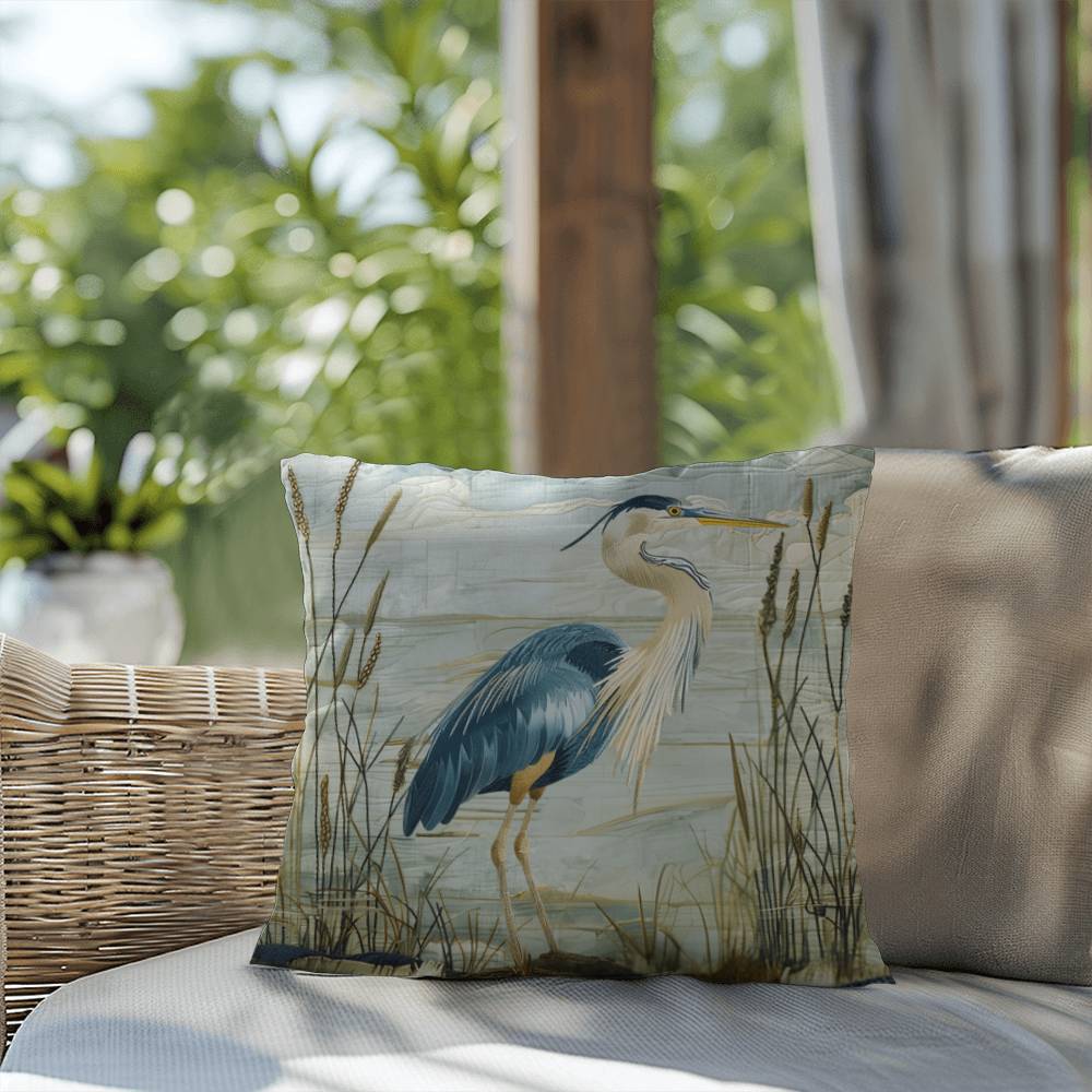 Outdoor Coastal Blue Heron Pillow – Reversible Premium Throw Cushion for Patio, Porch & Lake House