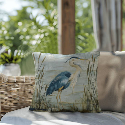Outdoor Coastal Blue Heron Pillow – Reversible Premium Throw Cushion for Patio, Porch & Lake House