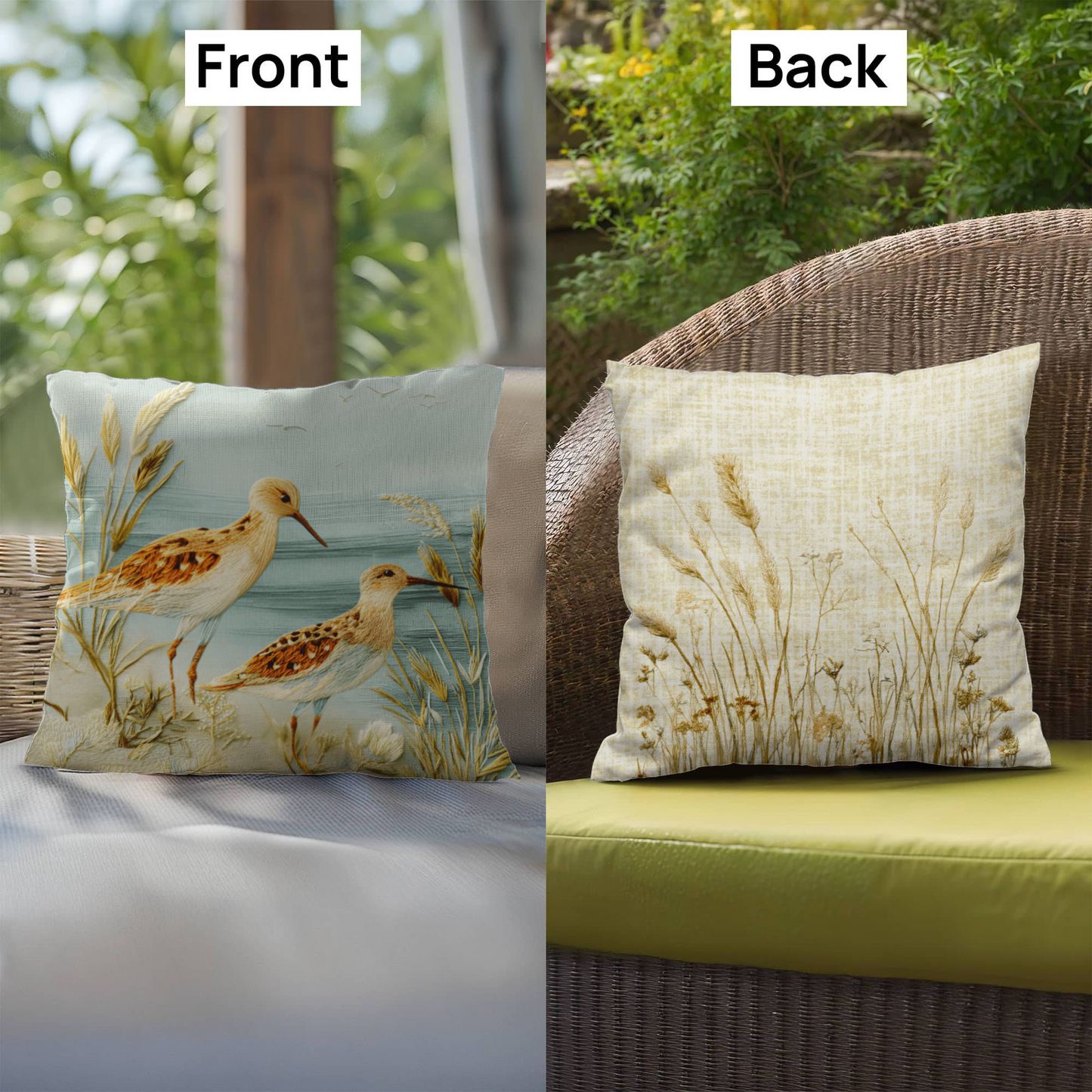 Outdoor Coastal Sandpiper Pillow – Reversible Premium Throw Cushion for Patio, Porch & Lake House