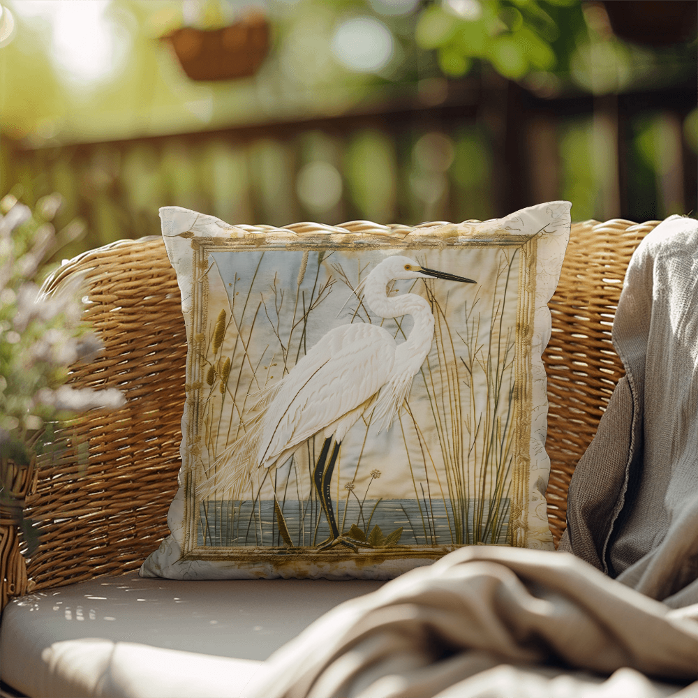 Outdoor Coastal Egret Pillow – Reversible Premium Throw Cushion for Patio, Porch & Lake House