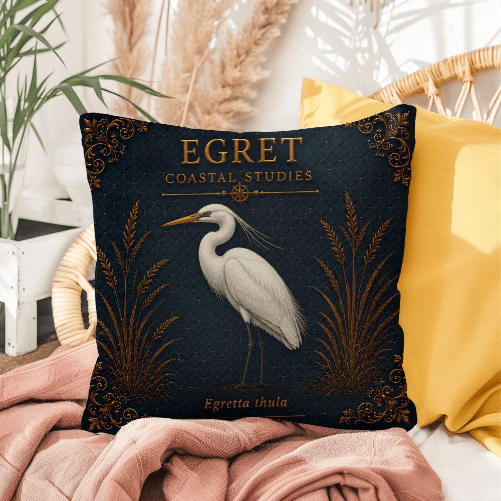 Egret Coastal Pillow, Nautical Throw Pillow, Navy Coastal Cushion, Beach House & Lake House Decor, Coastal Grandma Style