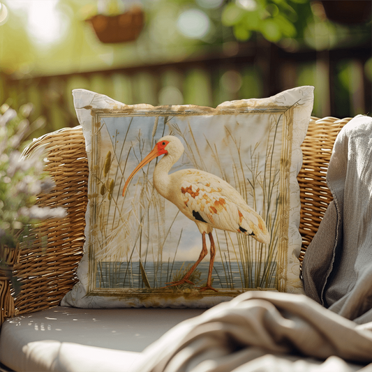 White Ibis Coastal Accent Pillow – Reversible Premium Indoor Outdoor Cushion