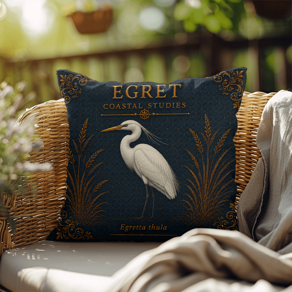 Egret Coastal Pillow, Nautical Throw Pillow, Navy Coastal Cushion, Beach House & Lake House Decor, Coastal Grandma Style