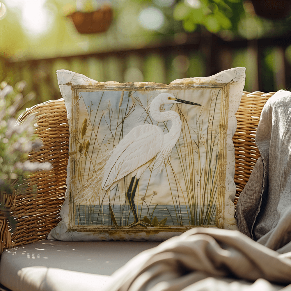 Outdoor Coastal Egret Pillow – Reversible Premium Throw Cushion for Patio, Porch & Lake House