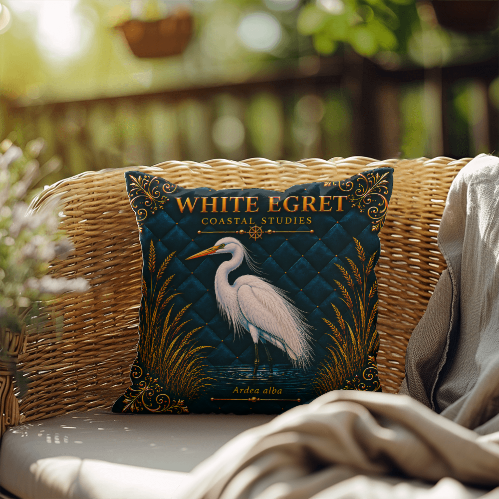 White Egret Outdoor Pillow | Coastal Patio Decor | Lace & Grit