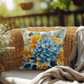 Blue Hydrangea Yellow Floral Outdoor Pillow | Coastal Garden Cushion | Light Blue Golden Flower Design | Summer Patio Decor | Waterproof Throw Pillow | Beach House Accent